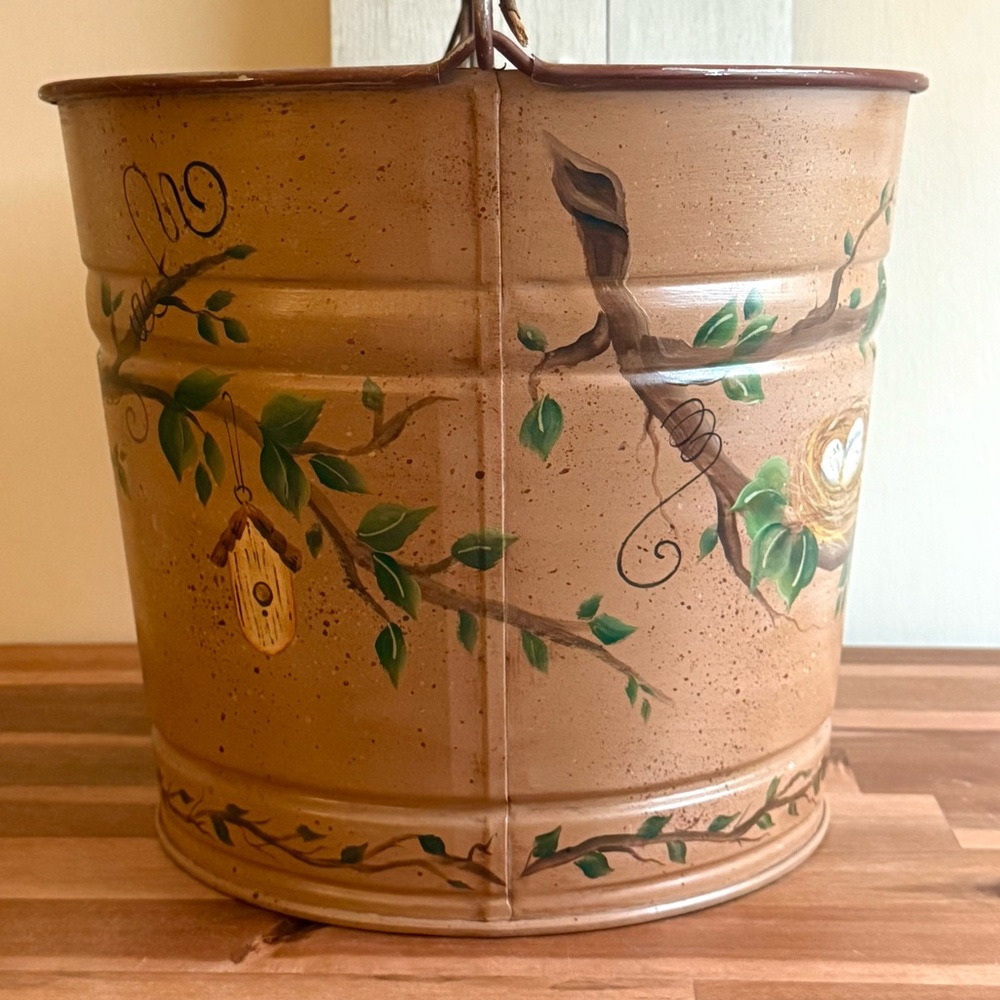 Charming Cottagecore Hand Painted Birds, Vines, Nests Galvanized Metal Bucket - Picture 3 of 10